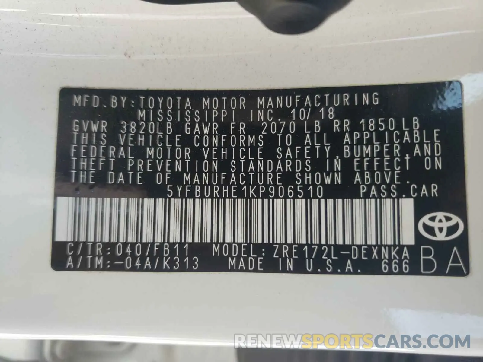 10 Photograph of a damaged car 5YFBURHE1KP906510 TOYOTA COROLLA 2019