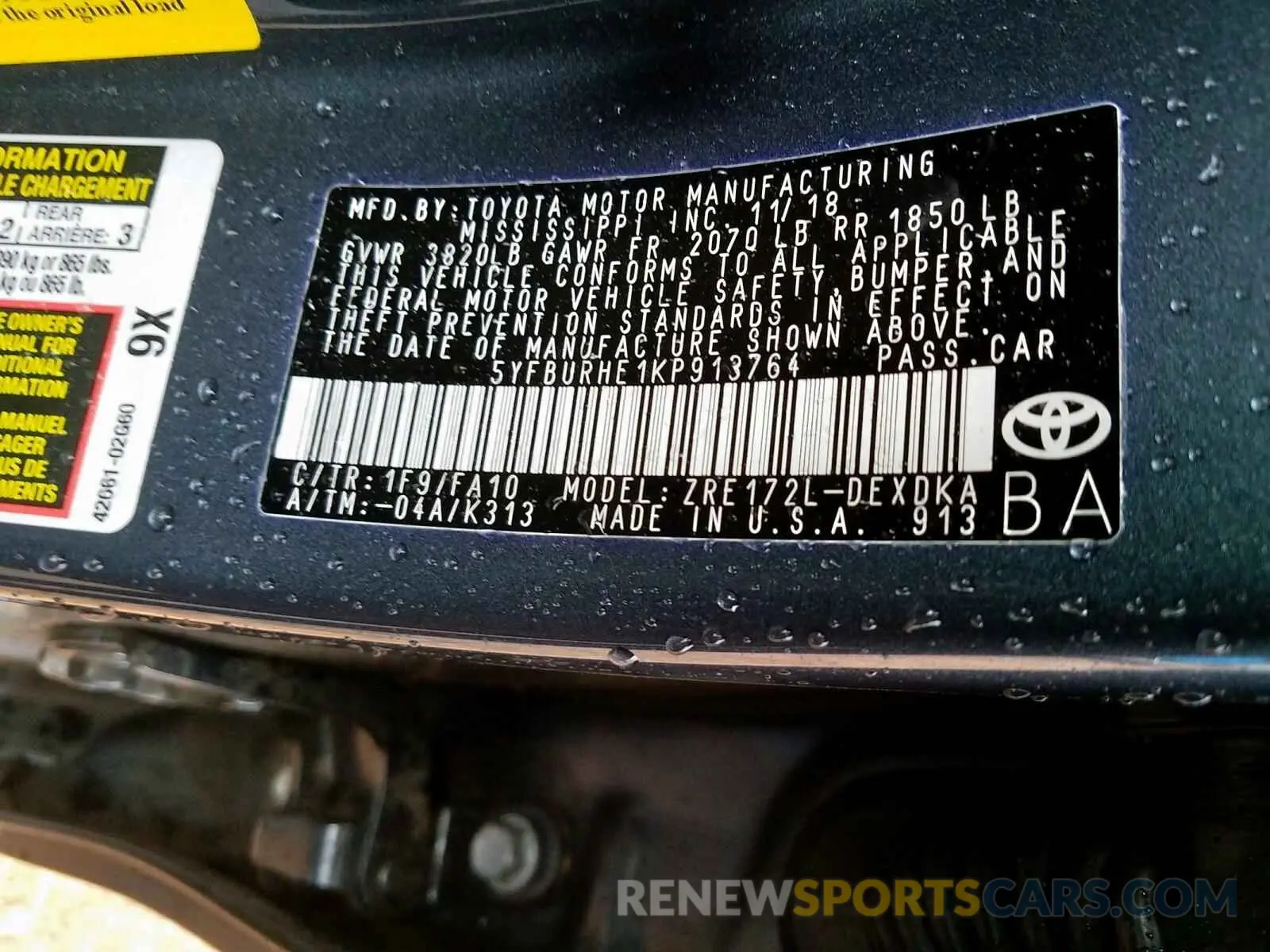 10 Photograph of a damaged car 5YFBURHE1KP913764 TOYOTA COROLLA 2019