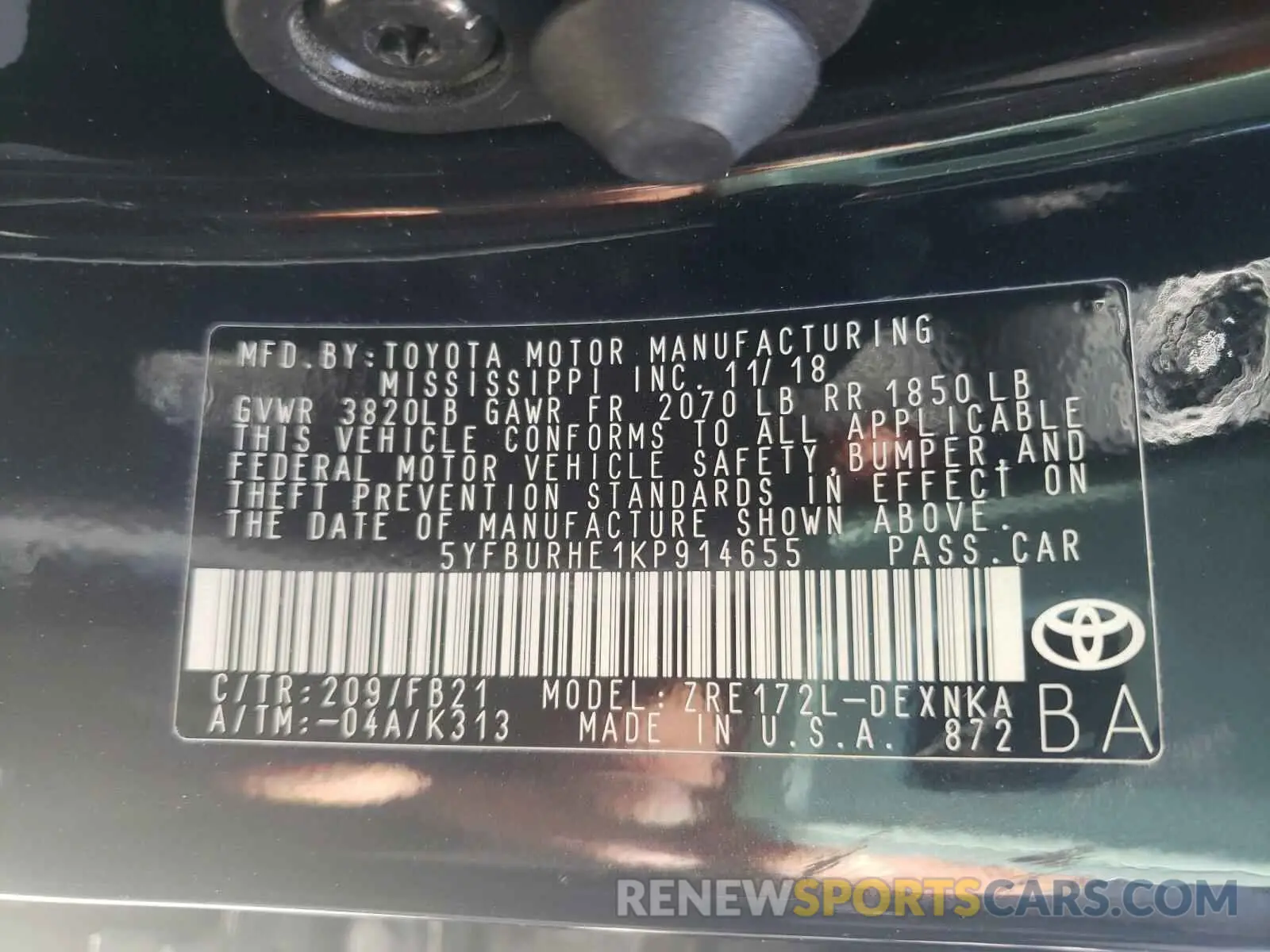 10 Photograph of a damaged car 5YFBURHE1KP914655 TOYOTA COROLLA 2019
