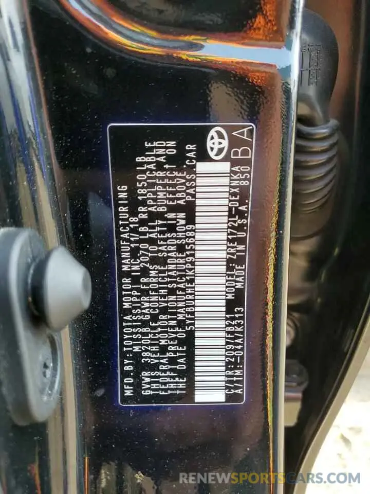 12 Фотография поврежденного автомобиля 5YFBURHE1KP915689 TOYOTA COROLLA 2019