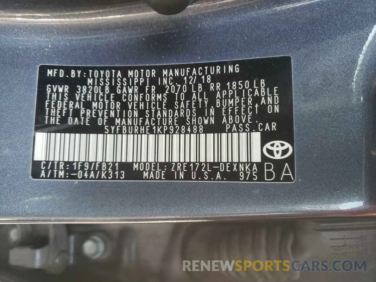 10 Photograph of a damaged car 5YFBURHE1KP928488 TOYOTA COROLLA 2019