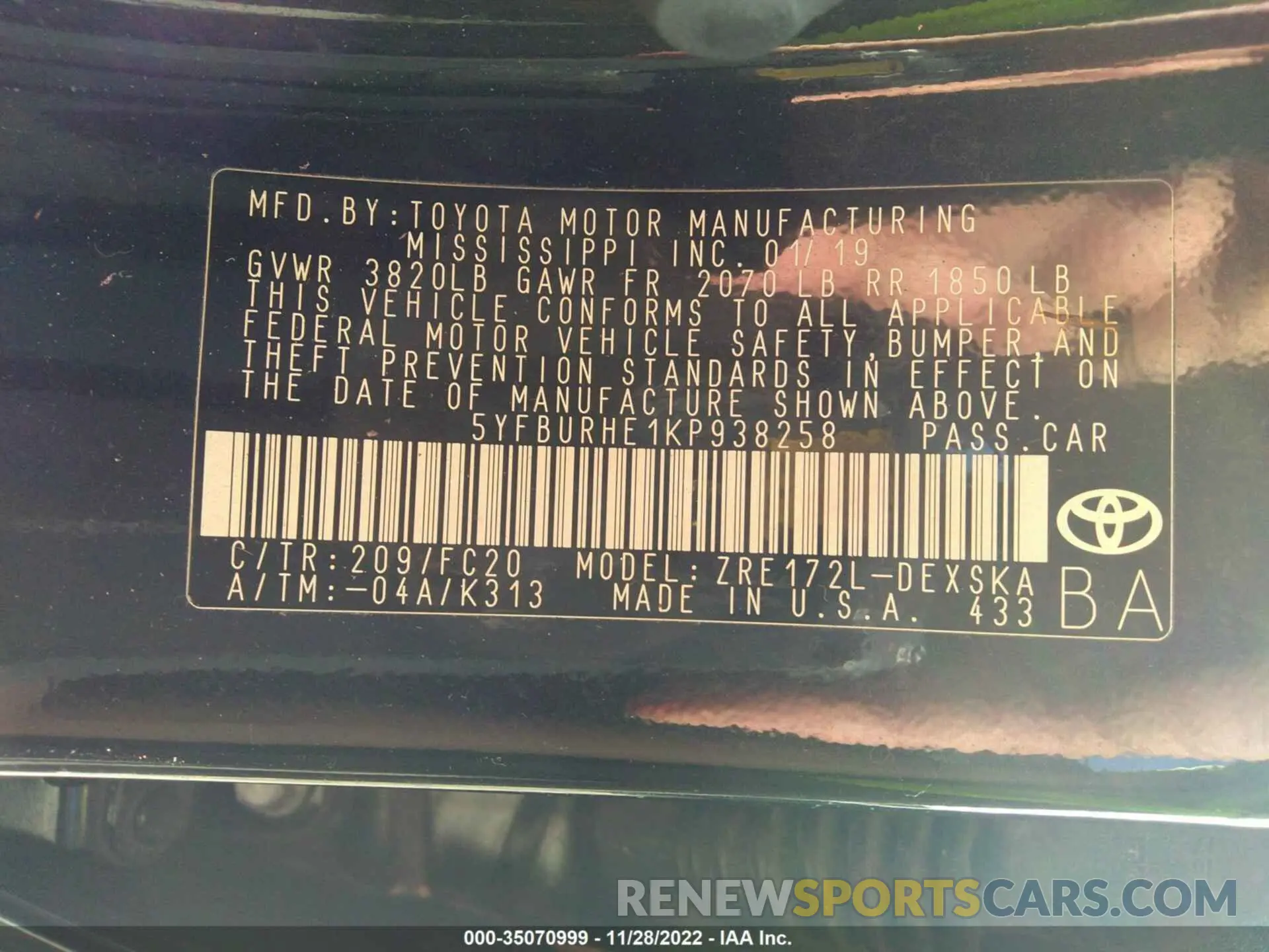 9 Photograph of a damaged car 5YFBURHE1KP938258 TOYOTA COROLLA 2019