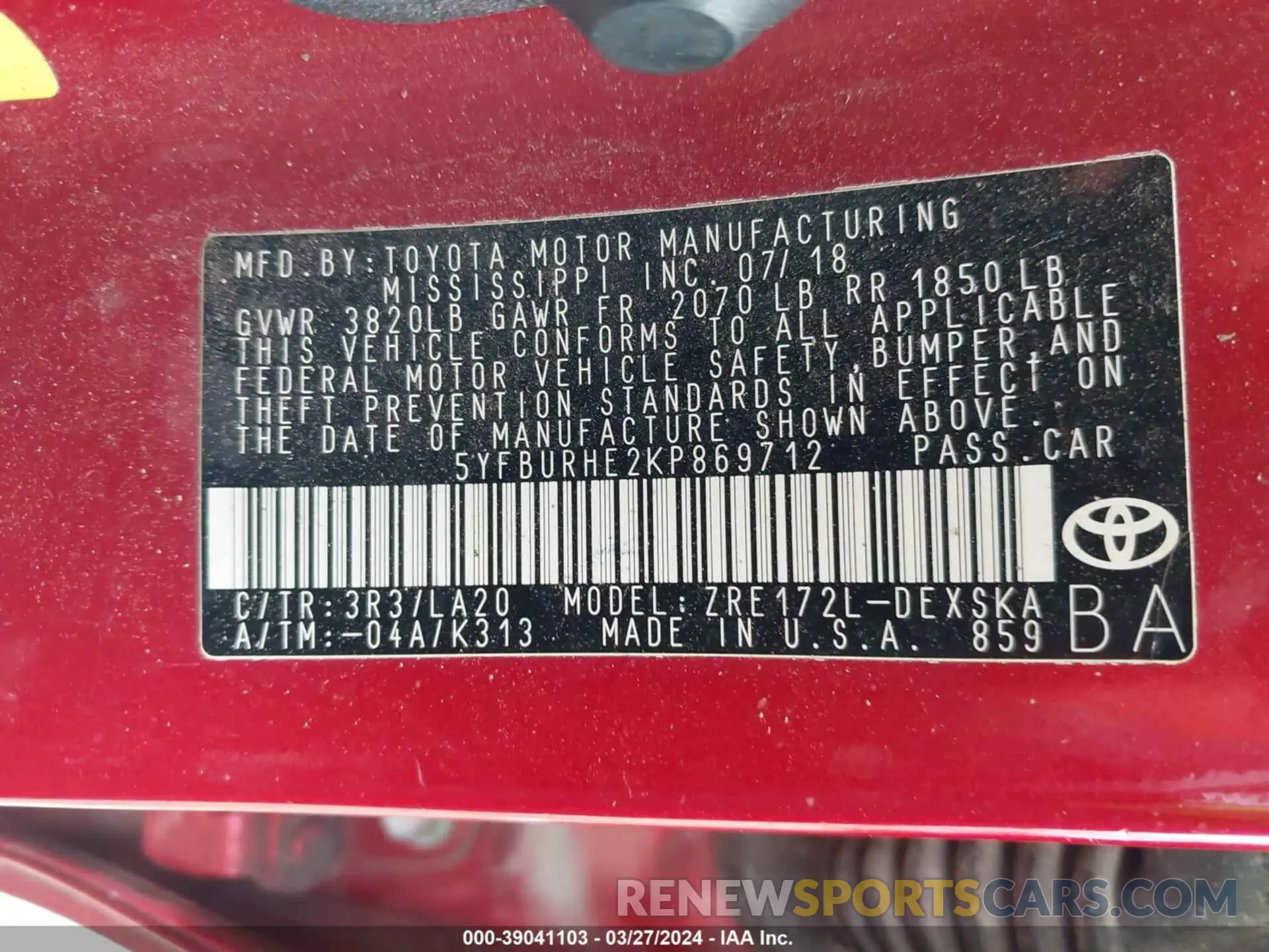 9 Photograph of a damaged car 5YFBURHE2KP869712 TOYOTA COROLLA 2019