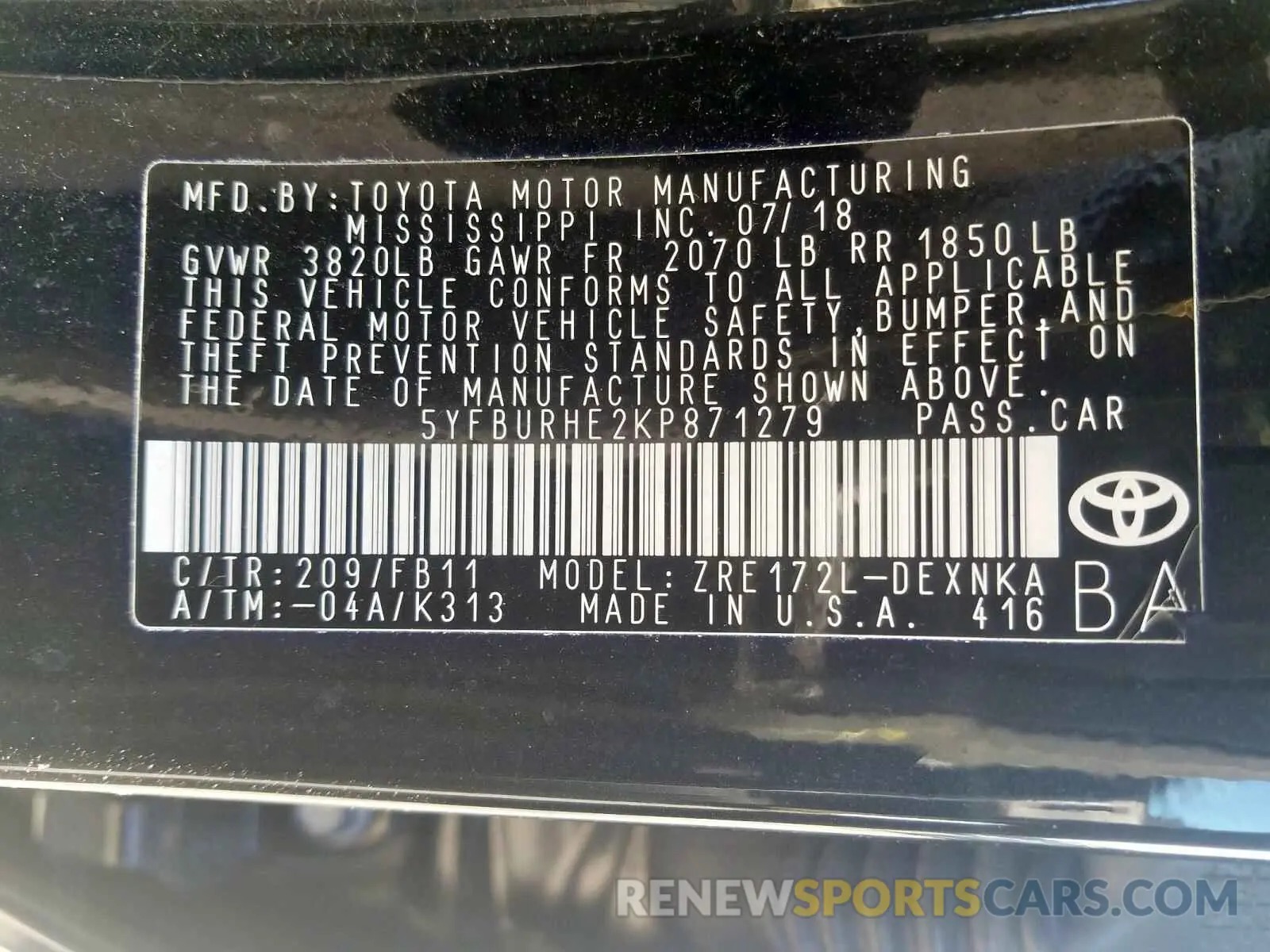 10 Photograph of a damaged car 5YFBURHE2KP871279 TOYOTA COROLLA 2019