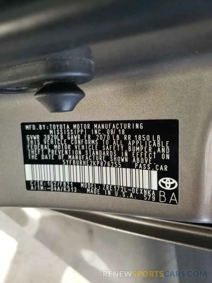 10 Photograph of a damaged car 5YFBURHE2KP876255 TOYOTA COROLLA 2019