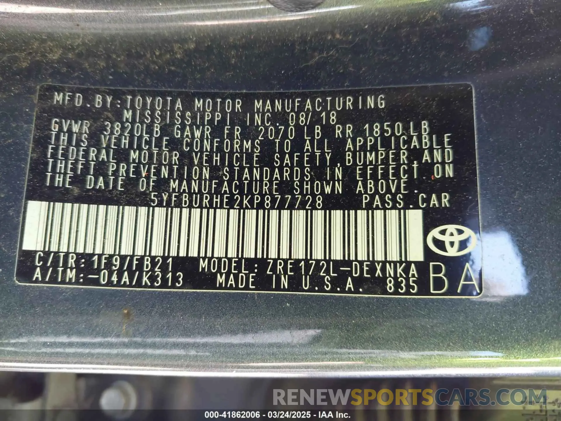 9 Фотография поврежденного автомобиля 5YFBURHE2KP877728 TOYOTA COROLLA 2019