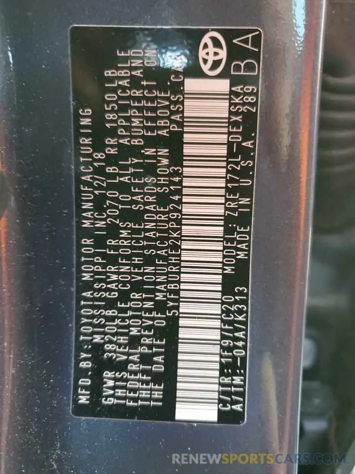 13 Photograph of a damaged car 5YFBURHE2KP924143 TOYOTA COROLLA 2019