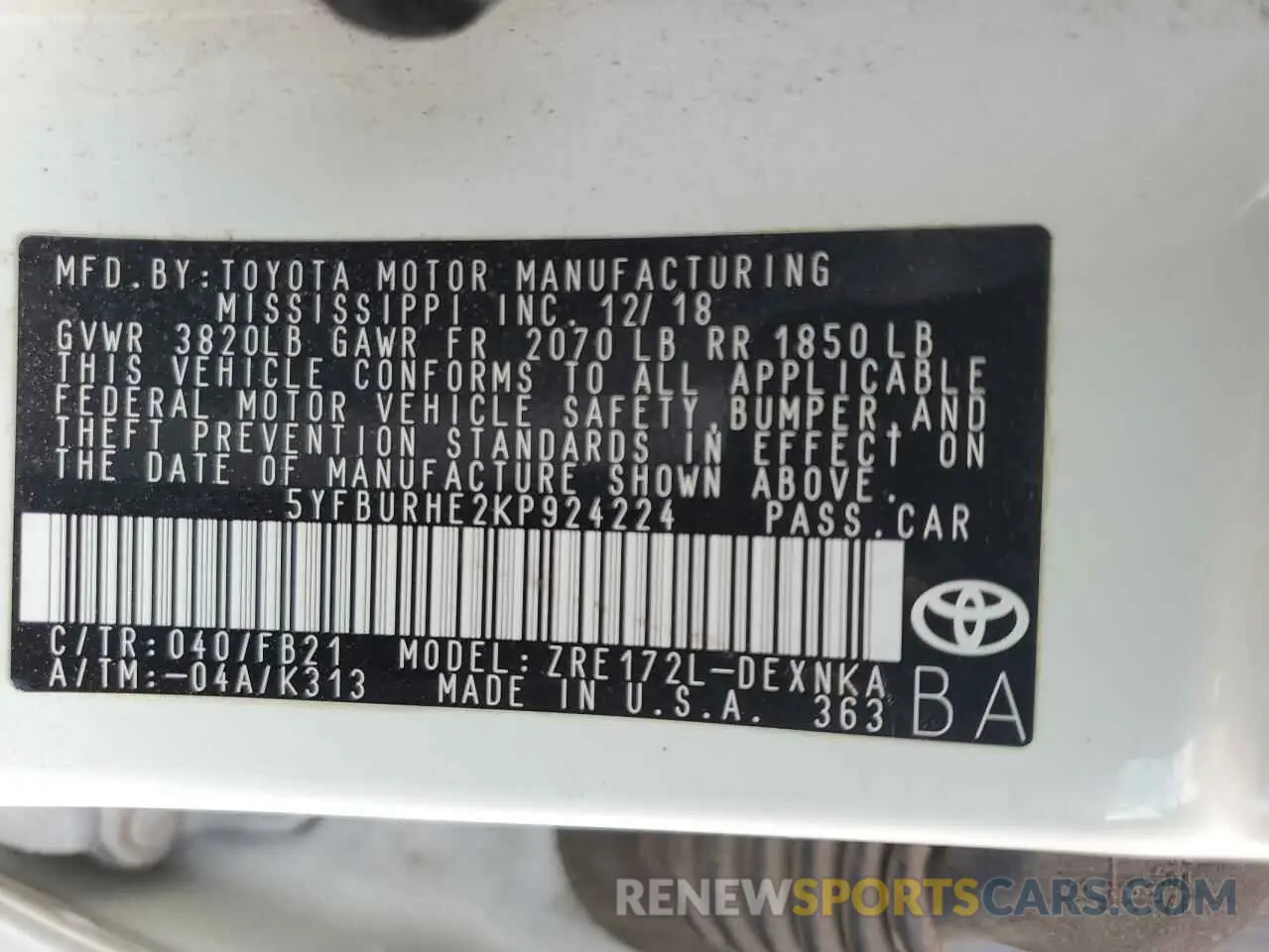 12 Photograph of a damaged car 5YFBURHE2KP924224 TOYOTA COROLLA 2019