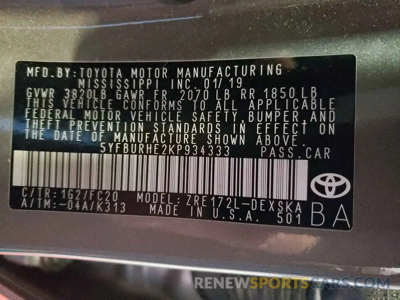 10 Photograph of a damaged car 5YFBURHE2KP934333 TOYOTA COROLLA 2019