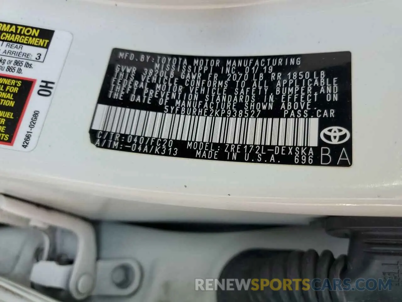 12 Фотография поврежденного автомобиля 5YFBURHE2KP938527 TOYOTA COROLLA 2019