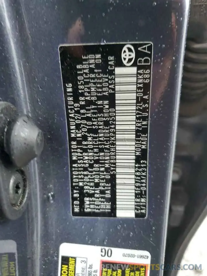 12 Фотография поврежденного автомобиля 5YFBURHE2KP942500 TOYOTA COROLLA 2019