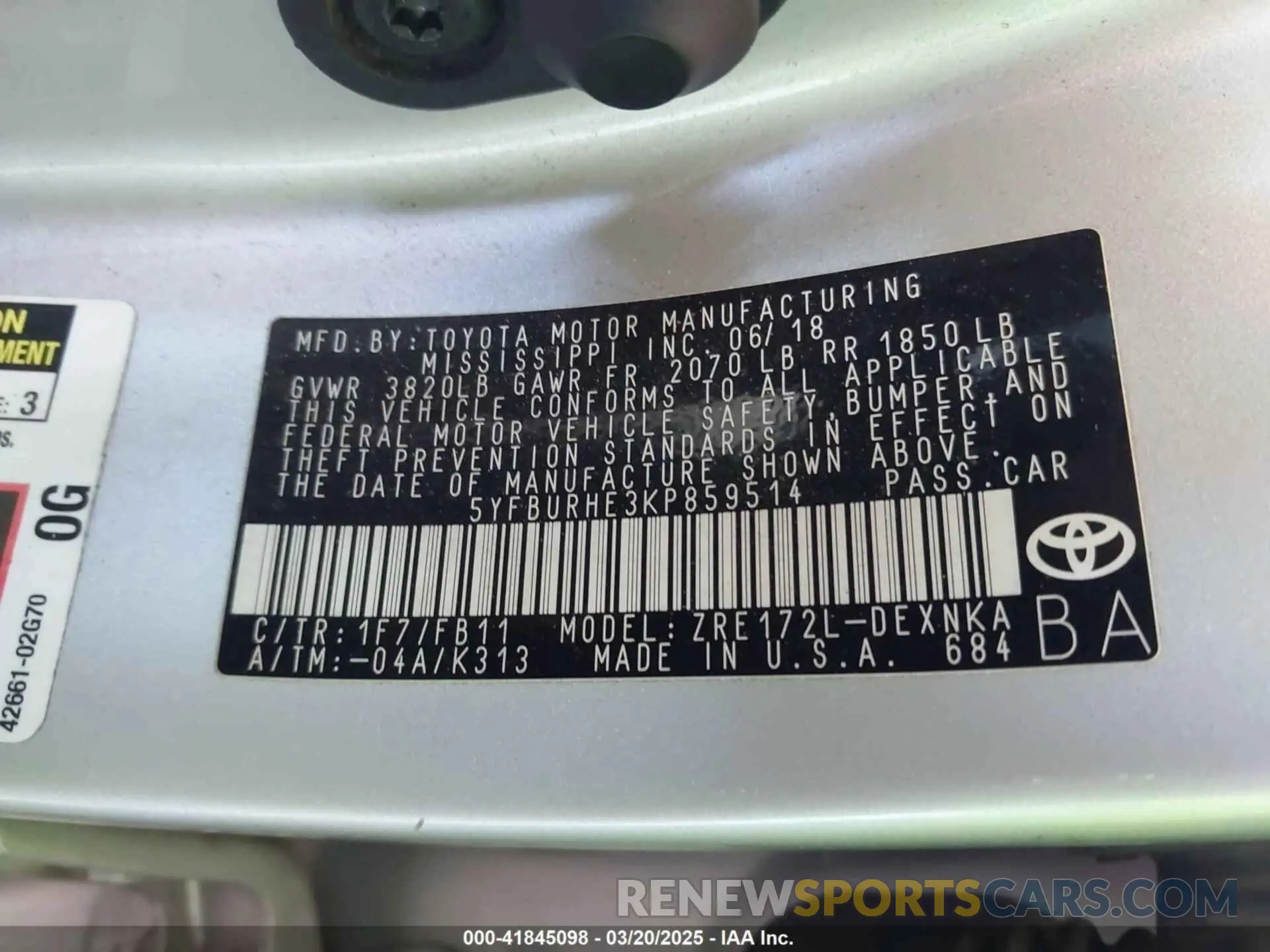 9 Фотография поврежденного автомобиля 5YFBURHE3KP859514 TOYOTA COROLLA 2019