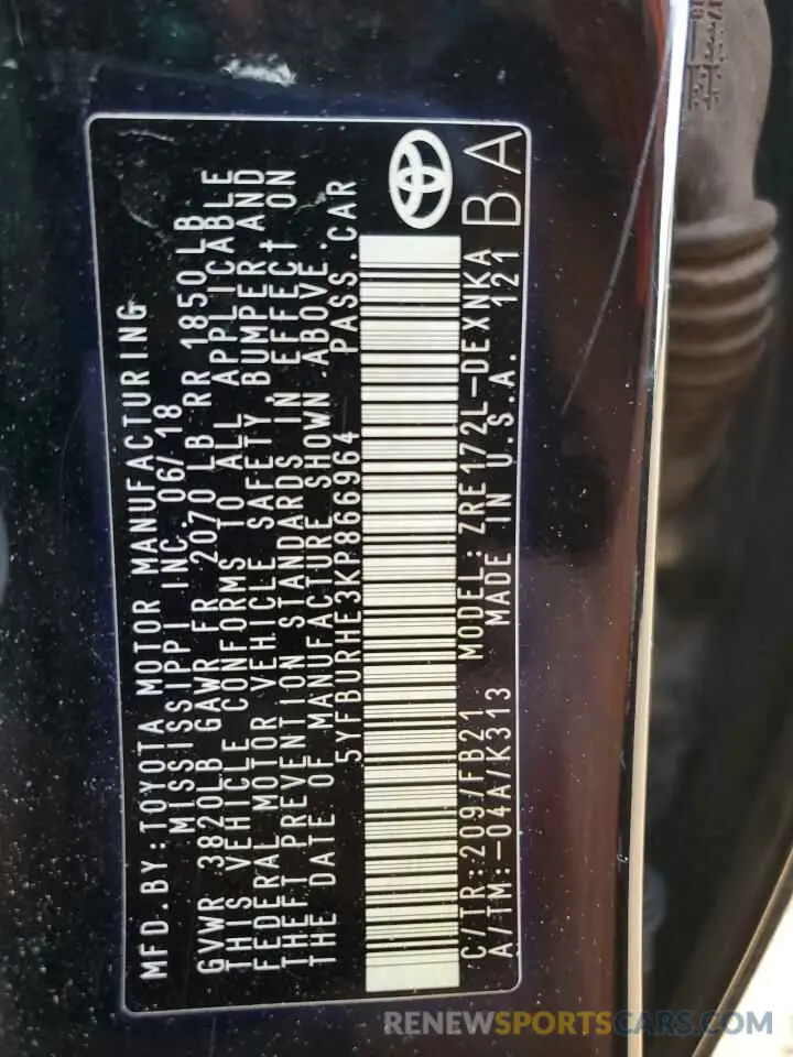 12 Фотография поврежденного автомобиля 5YFBURHE3KP866964 TOYOTA COROLLA 2019