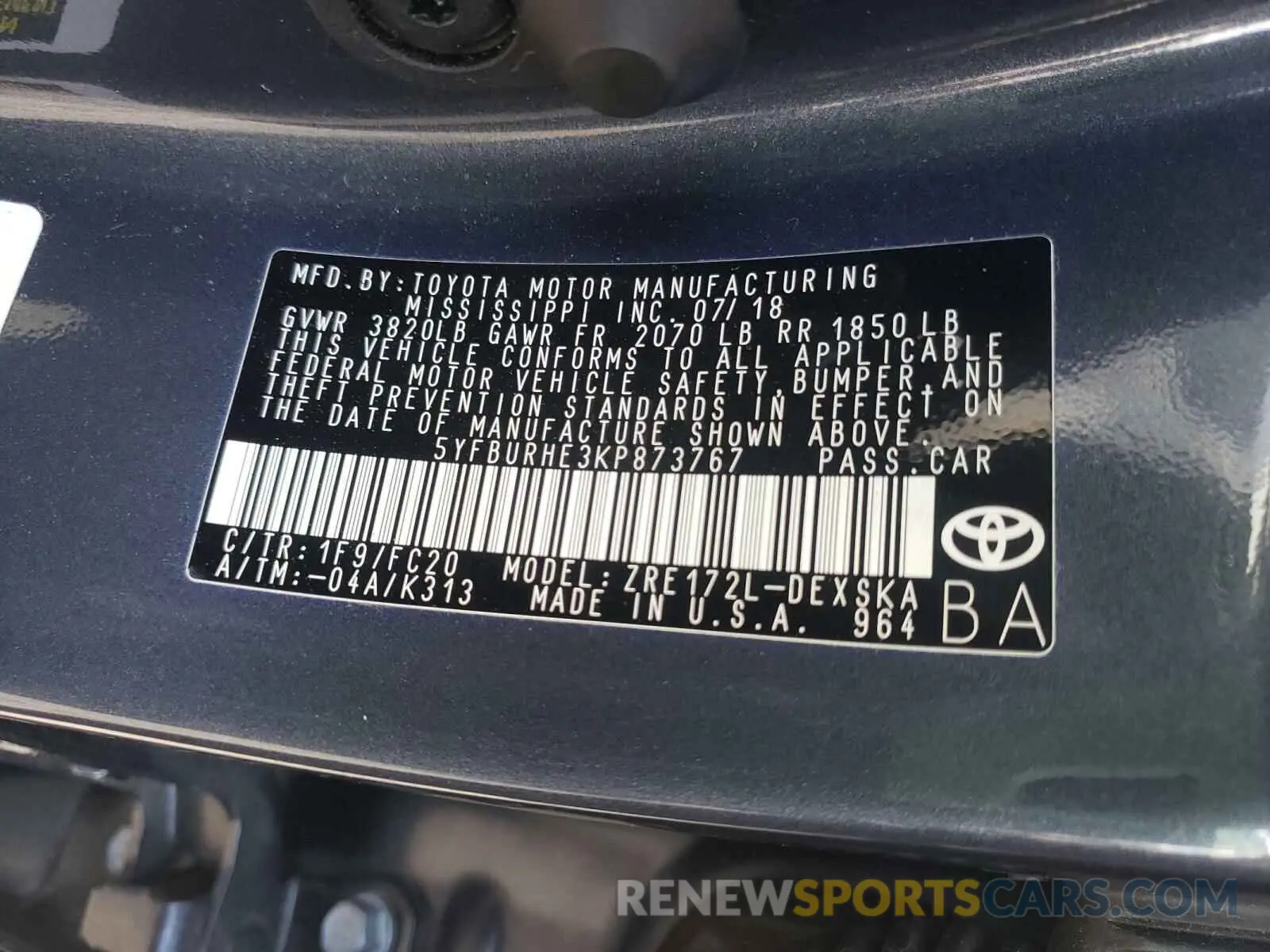 10 Photograph of a damaged car 5YFBURHE3KP873767 TOYOTA COROLLA 2019