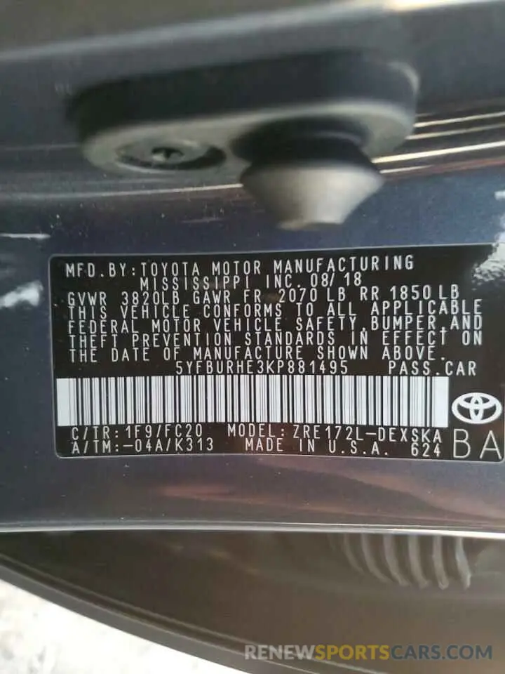 12 Photograph of a damaged car 5YFBURHE3KP881495 TOYOTA COROLLA 2019