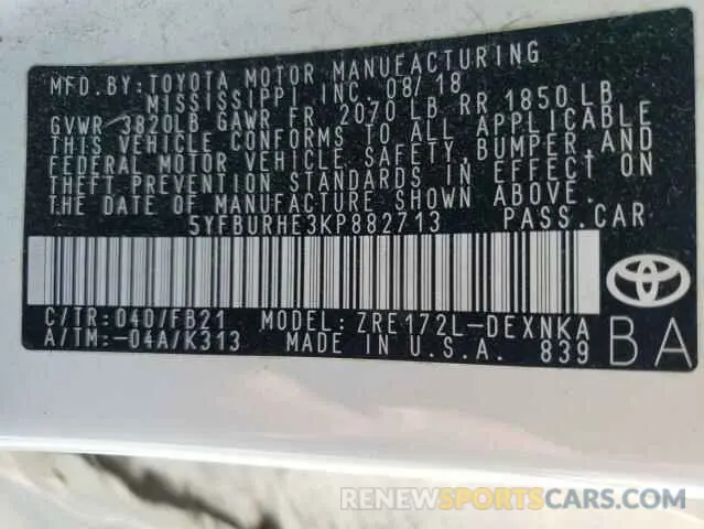 12 Photograph of a damaged car 5YFBURHE3KP882713 TOYOTA COROLLA 2019