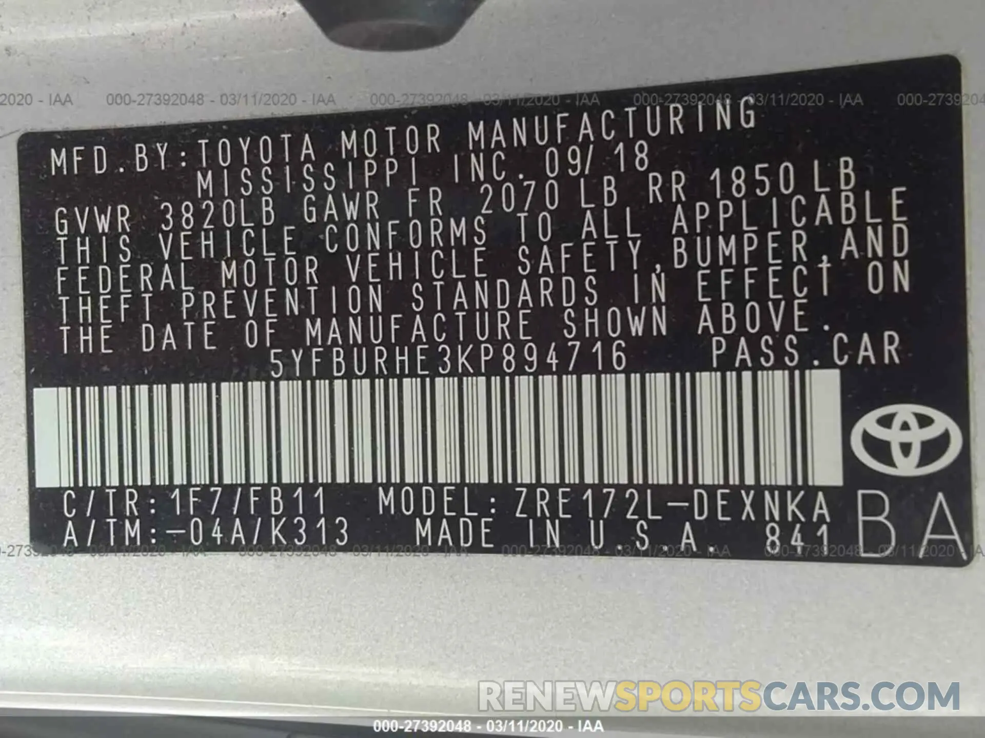9 Photograph of a damaged car 5YFBURHE3KP894716 TOYOTA COROLLA 2019