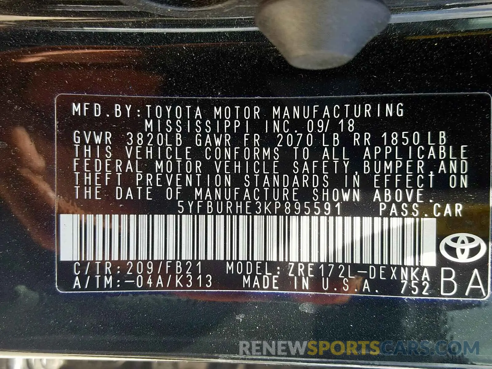 10 Photograph of a damaged car 5YFBURHE3KP895591 TOYOTA COROLLA 2019