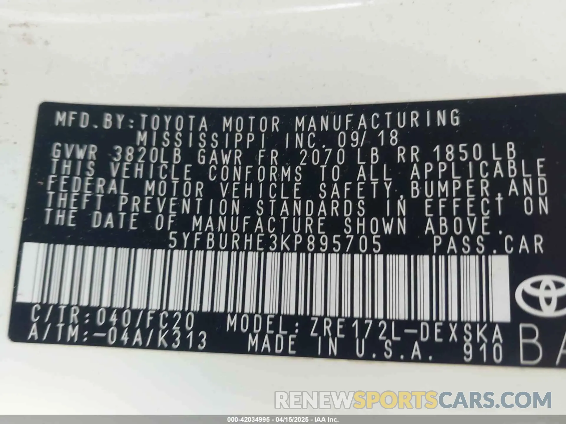 9 Фотография поврежденного автомобиля 5YFBURHE3KP895705 TOYOTA COROLLA 2019