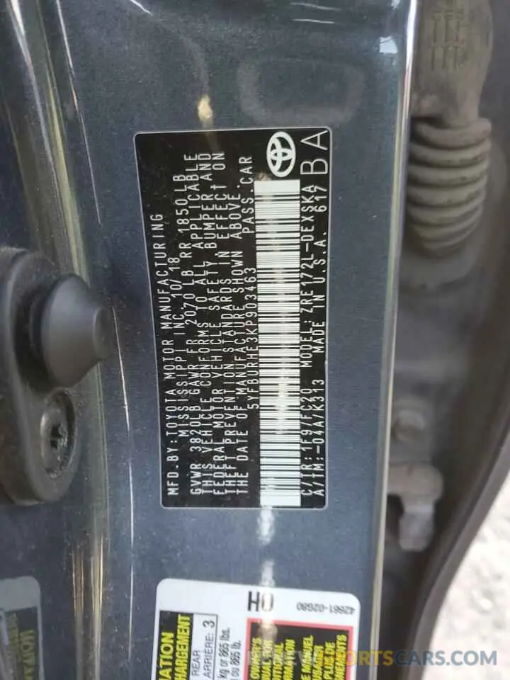 12 Фотография поврежденного автомобиля 5YFBURHE3KP903463 TOYOTA COROLLA 2019