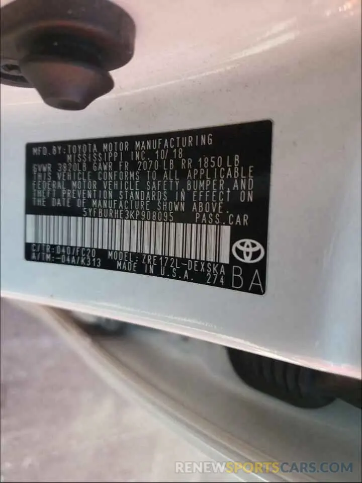 10 Photograph of a damaged car 5YFBURHE3KP908095 TOYOTA COROLLA 2019