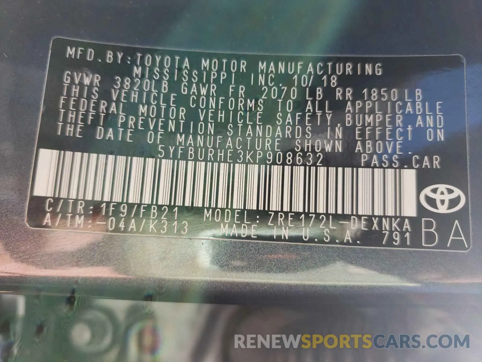 10 Photograph of a damaged car 5YFBURHE3KP908632 TOYOTA COROLLA 2019