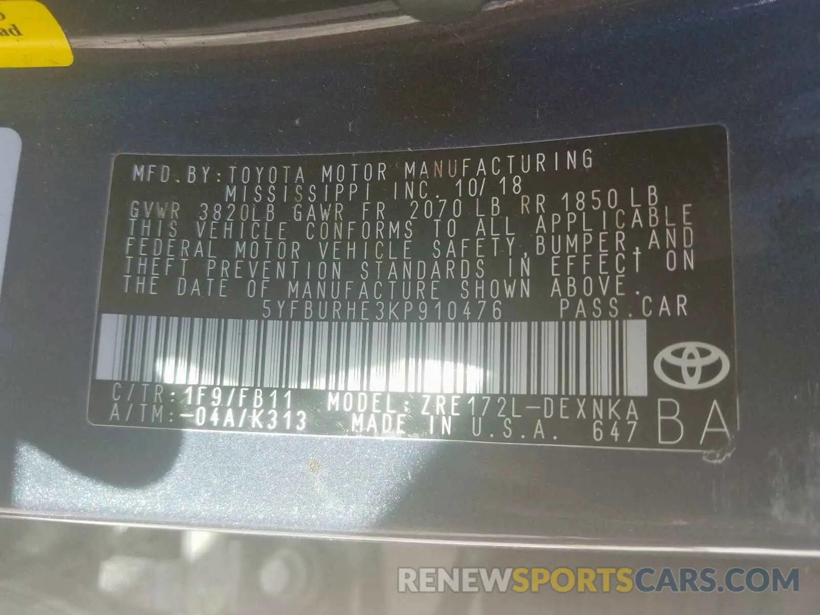 10 Photograph of a damaged car 5YFBURHE3KP910476 TOYOTA COROLLA 2019