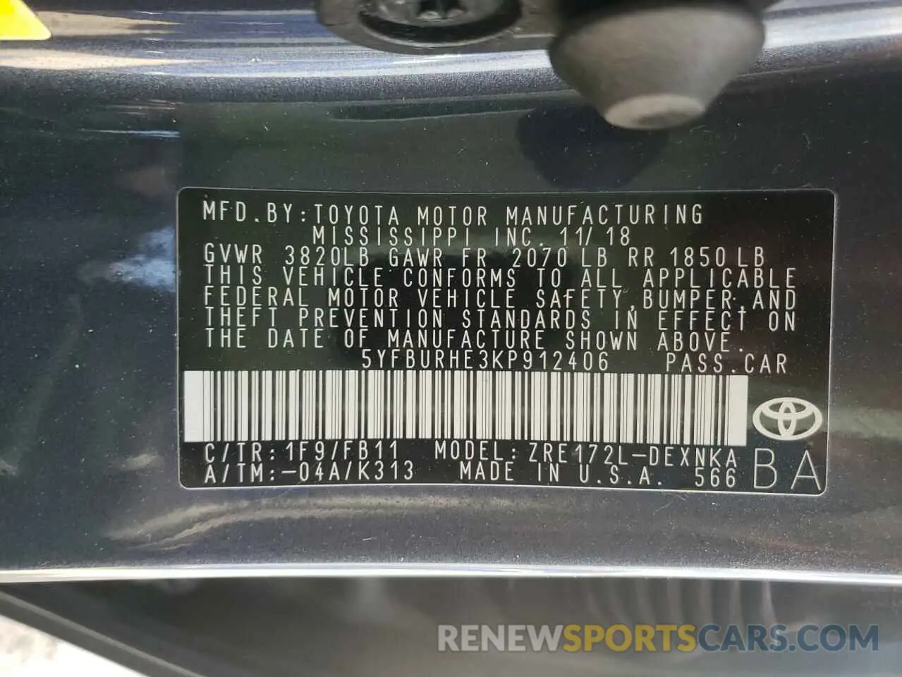 10 Photograph of a damaged car 5YFBURHE3KP912406 TOYOTA COROLLA 2019