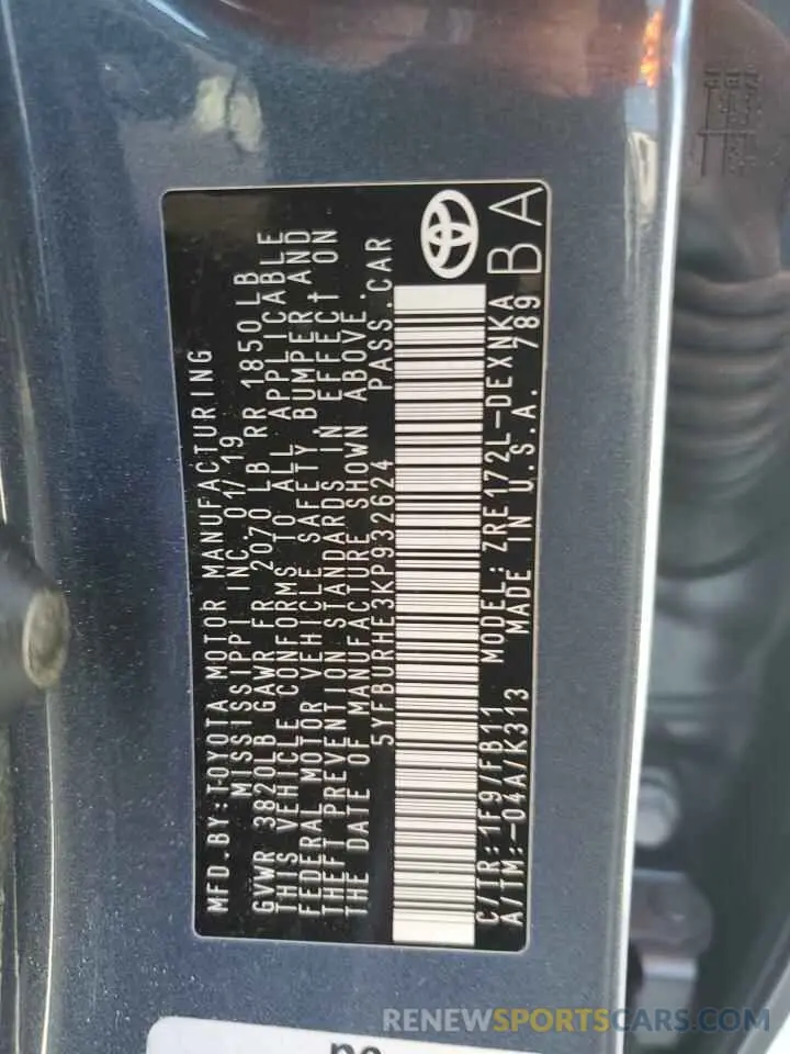 13 Фотография поврежденного автомобиля 5YFBURHE3KP932624 TOYOTA COROLLA 2019