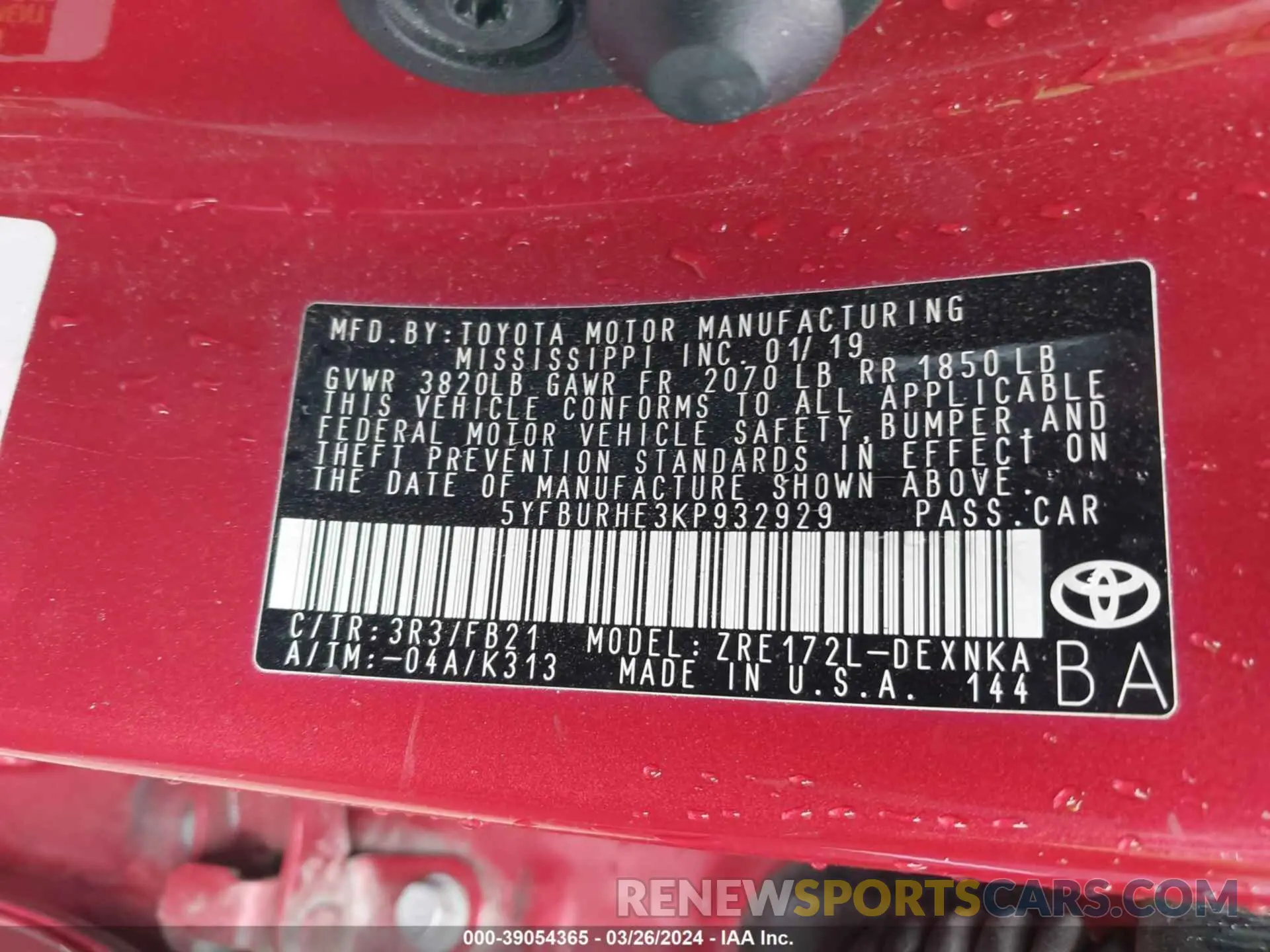 9 Photograph of a damaged car 5YFBURHE3KP932929 TOYOTA COROLLA 2019