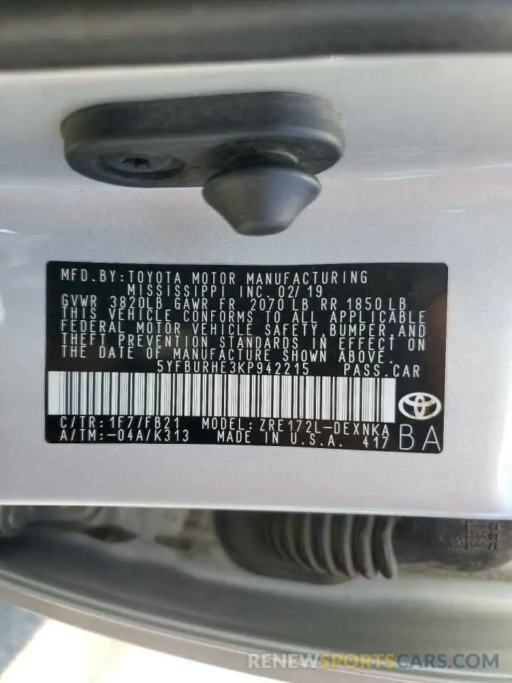 13 Photograph of a damaged car 5YFBURHE3KP942215 TOYOTA COROLLA 2019