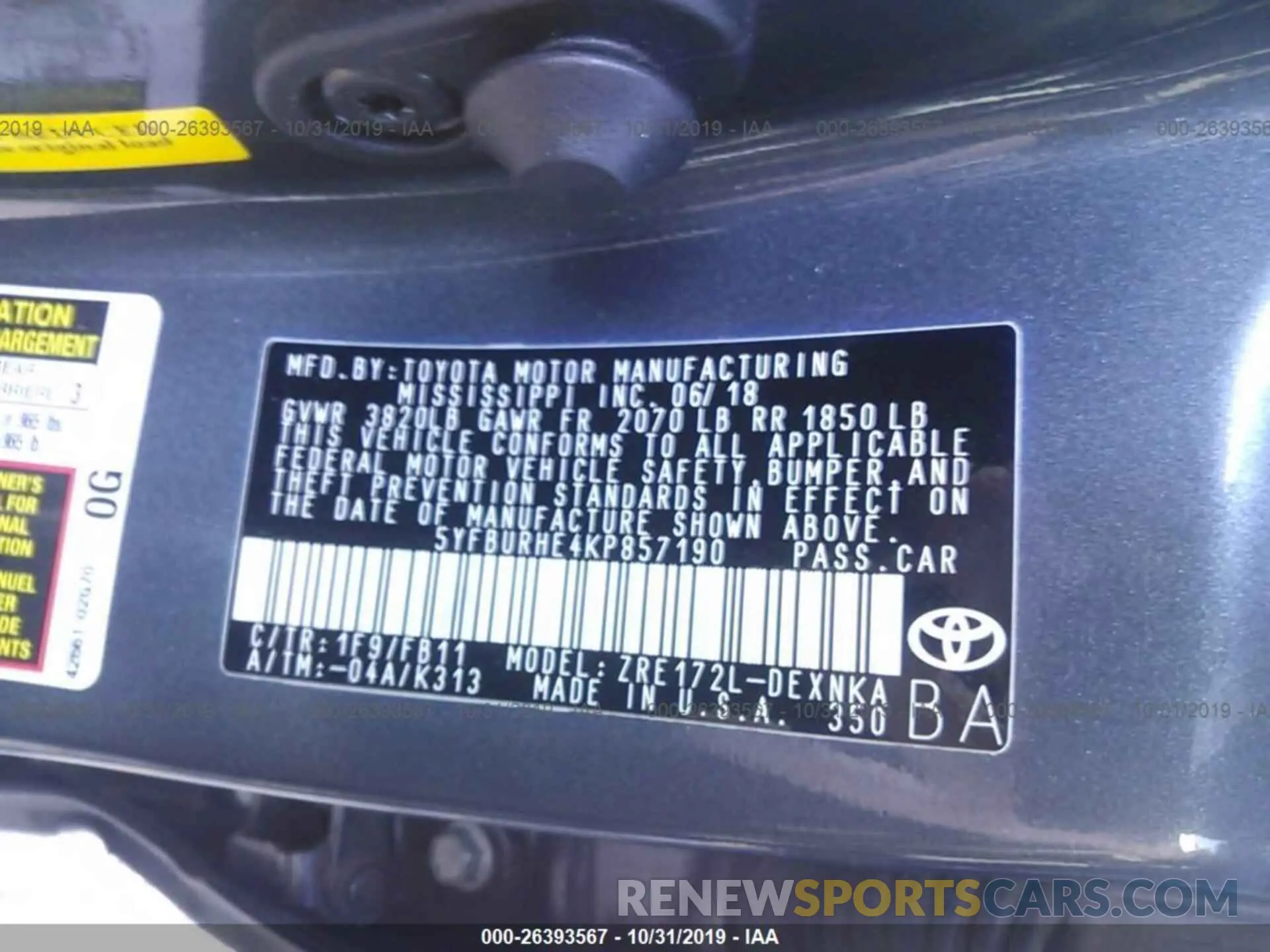 9 Photograph of a damaged car 5YFBURHE4KP857190 TOYOTA COROLLA 2019