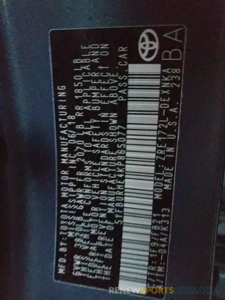 10 Photograph of a damaged car 5YFBURHE4KP865077 TOYOTA COROLLA 2019
