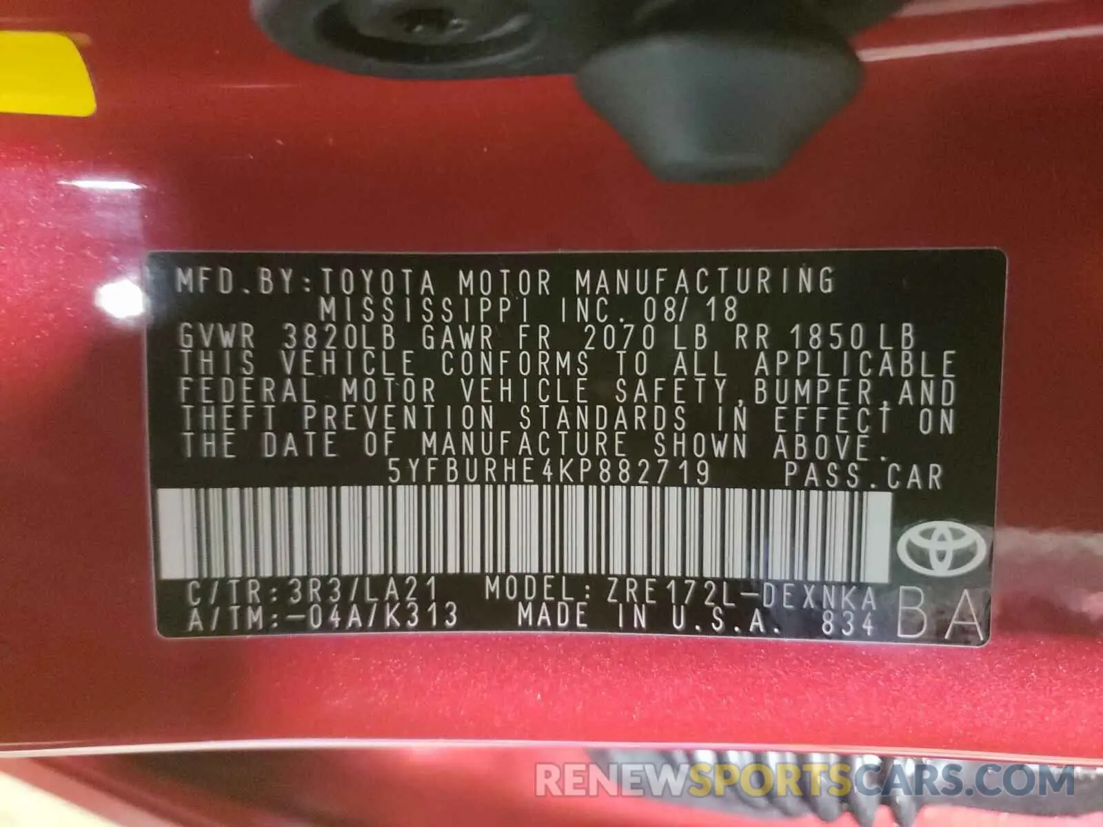 10 Photograph of a damaged car 5YFBURHE4KP882719 TOYOTA COROLLA 2019