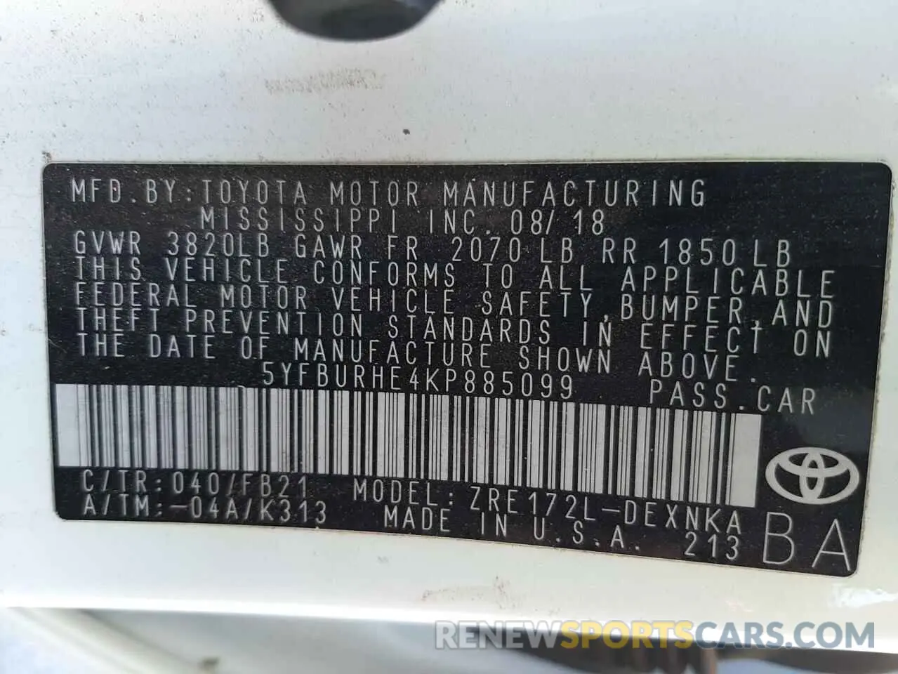 12 Photograph of a damaged car 5YFBURHE4KP885099 TOYOTA COROLLA 2019