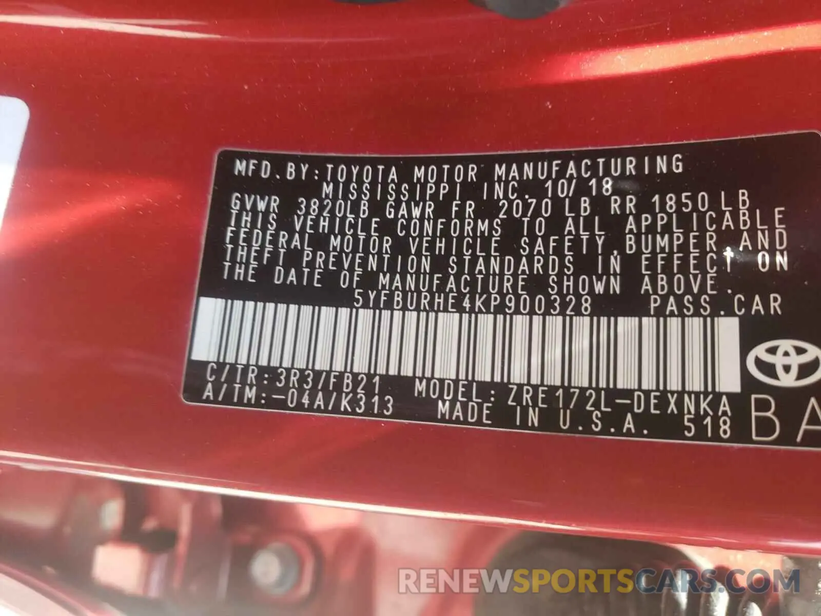 10 Photograph of a damaged car 5YFBURHE4KP900328 TOYOTA COROLLA 2019
