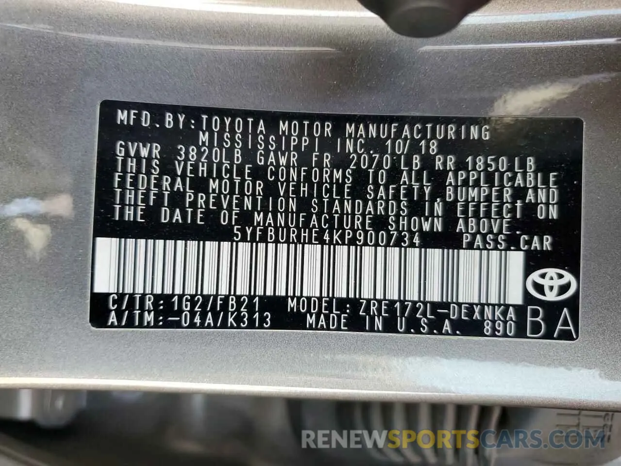 13 Photograph of a damaged car 5YFBURHE4KP900734 TOYOTA COROLLA 2019