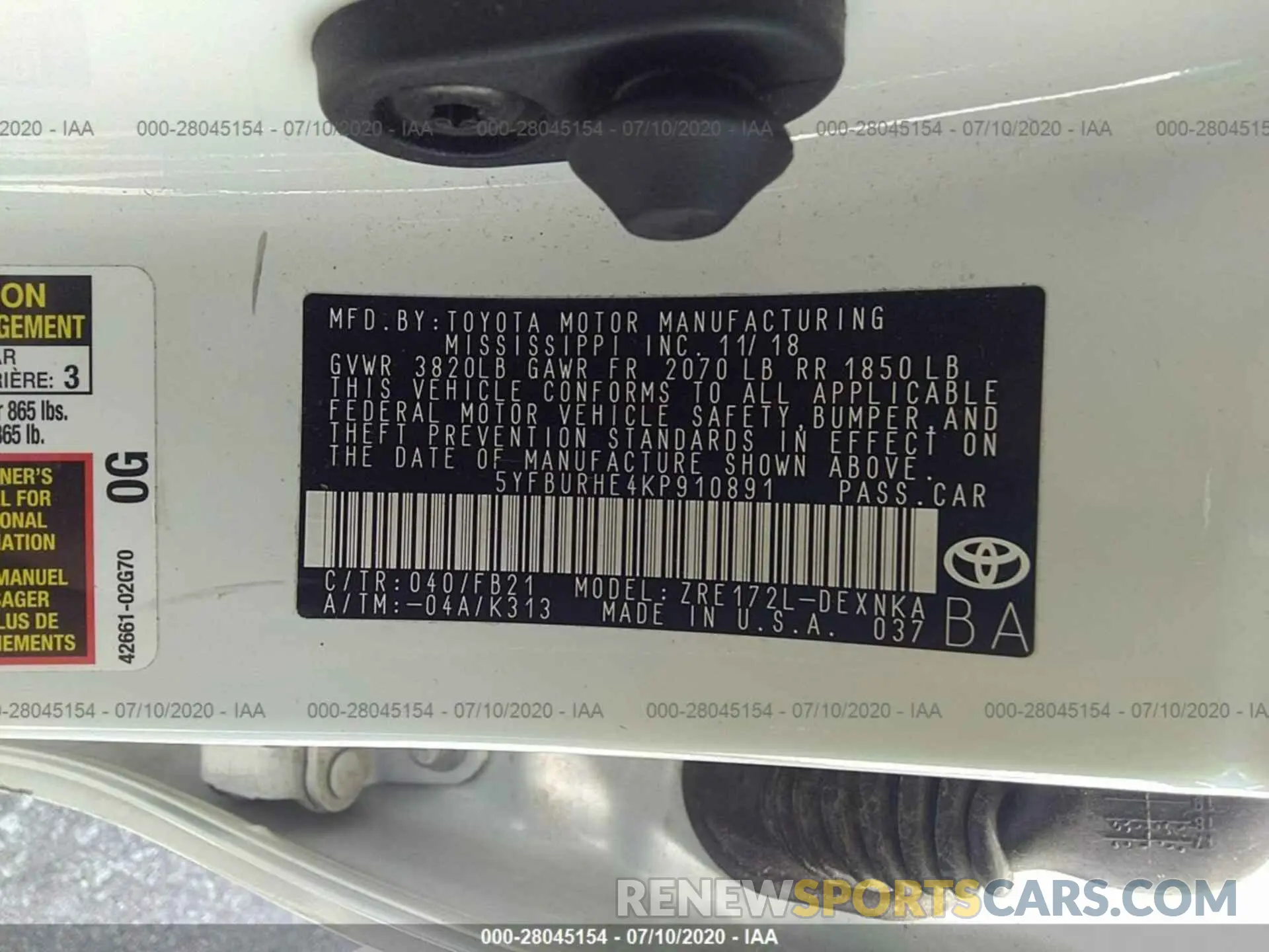 9 Photograph of a damaged car 5YFBURHE4KP910891 TOYOTA COROLLA 2019