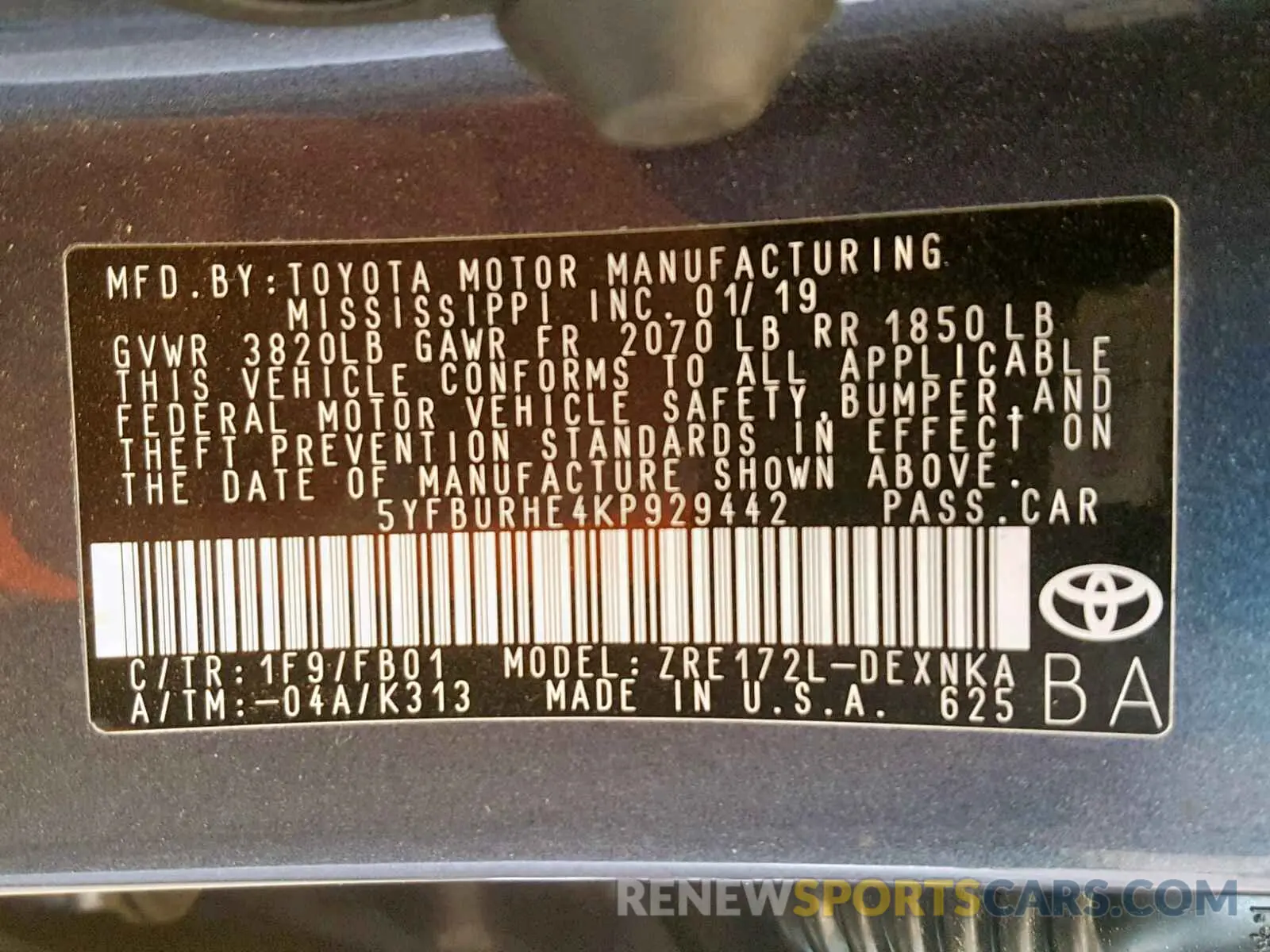 10 Photograph of a damaged car 5YFBURHE4KP929442 TOYOTA COROLLA 2019