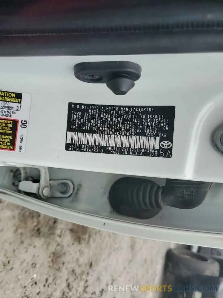 10 Photograph of a damaged car 5YFBURHE4KP936696 TOYOTA COROLLA 2019