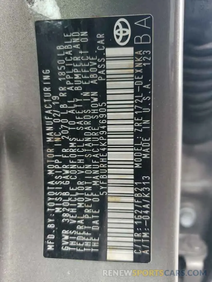 12 Photograph of a damaged car 5YFBURHE4KP946905 TOYOTA COROLLA 2019