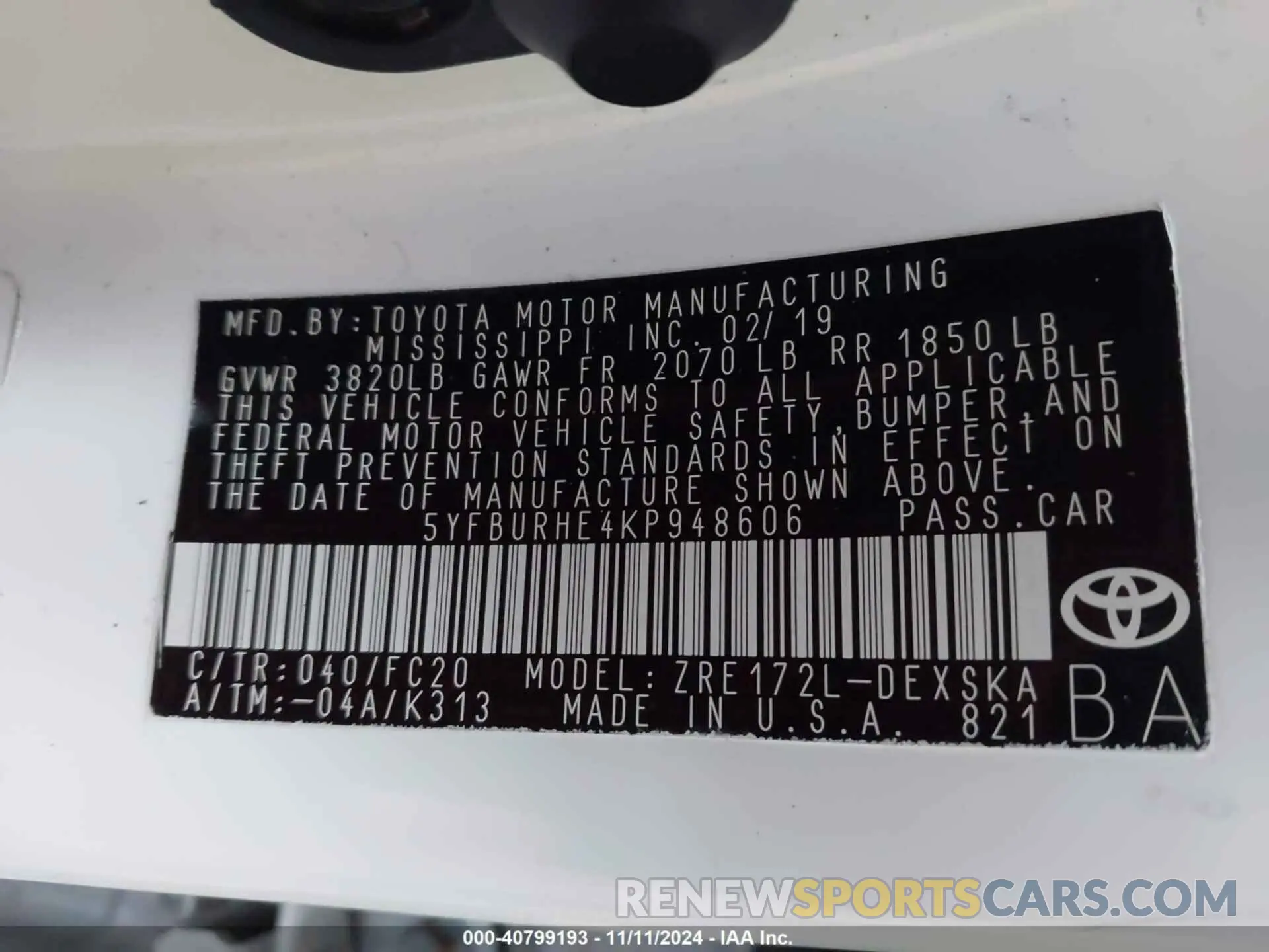 9 Фотография поврежденного автомобиля 5YFBURHE4KP948606 TOYOTA COROLLA 2019