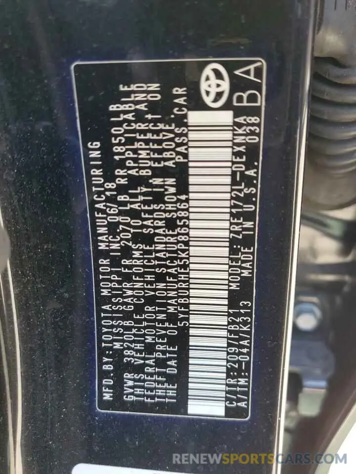 12 Photograph of a damaged car 5YFBURHE5KP865864 TOYOTA COROLLA 2019