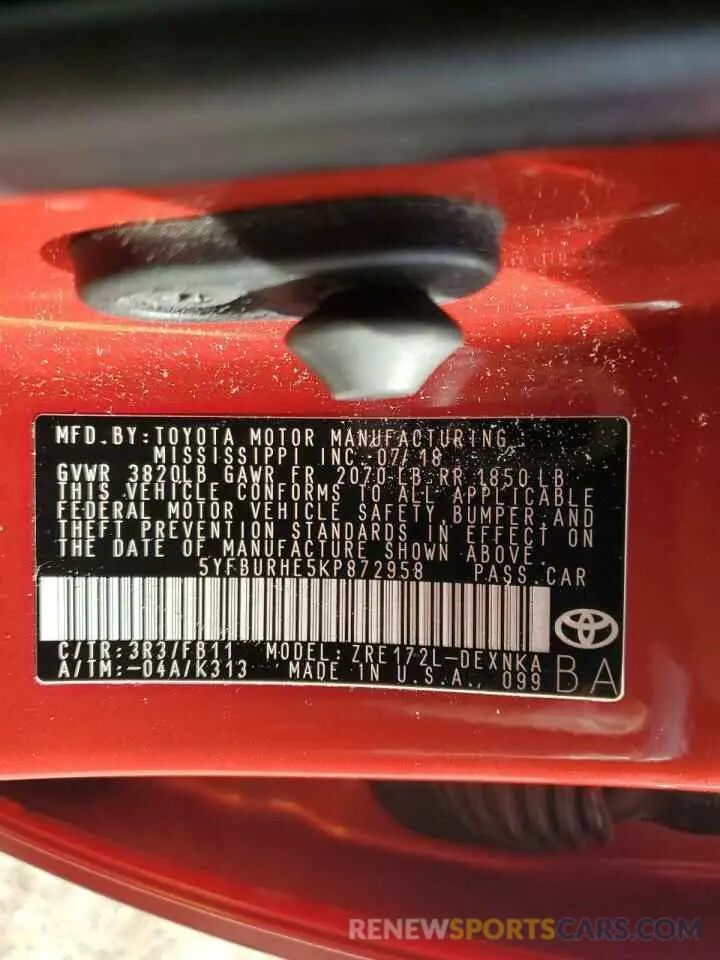 13 Photograph of a damaged car 5YFBURHE5KP872958 TOYOTA COROLLA 2019