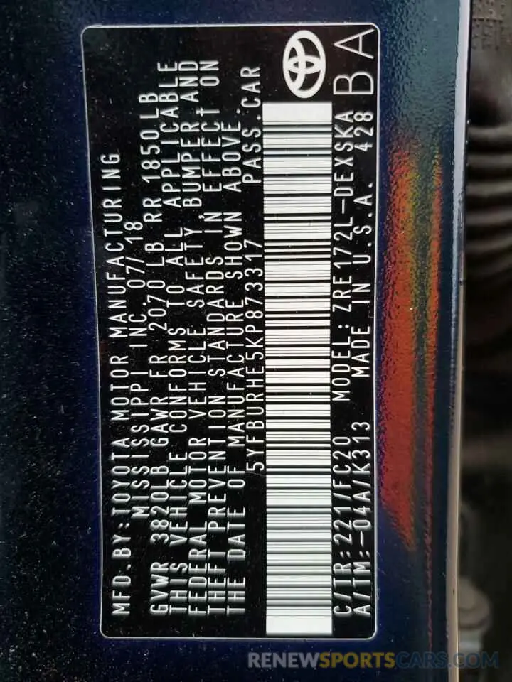 16 Photograph of a damaged car 5YFBURHE5KP873317 TOYOTA COROLLA 2019