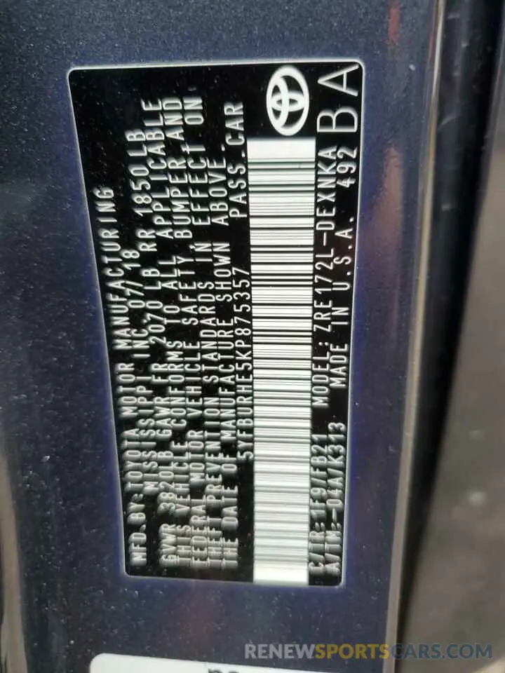 14 Photograph of a damaged car 5YFBURHE5KP875357 TOYOTA COROLLA 2019