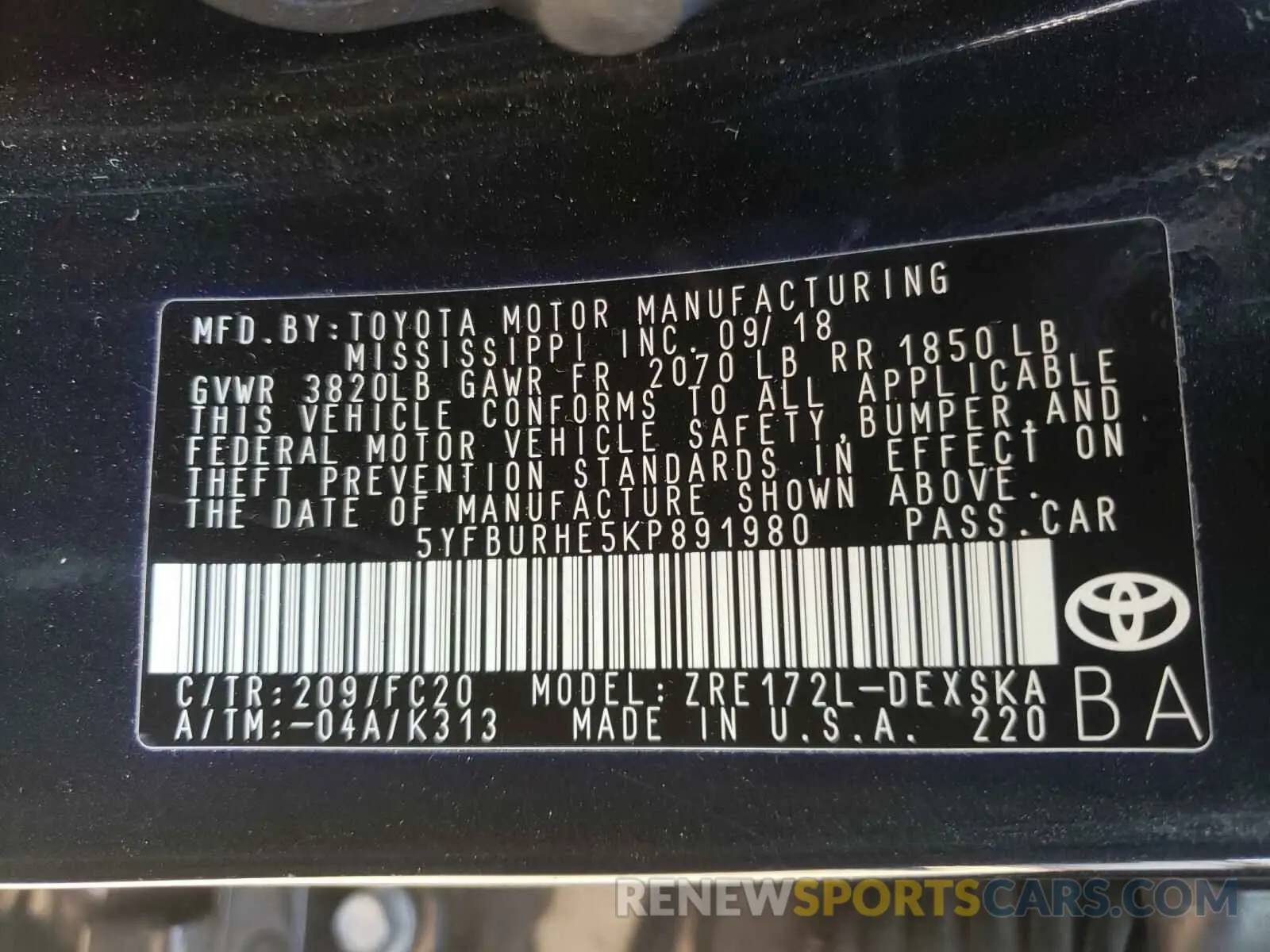 10 Photograph of a damaged car 5YFBURHE5KP891980 TOYOTA COROLLA 2019