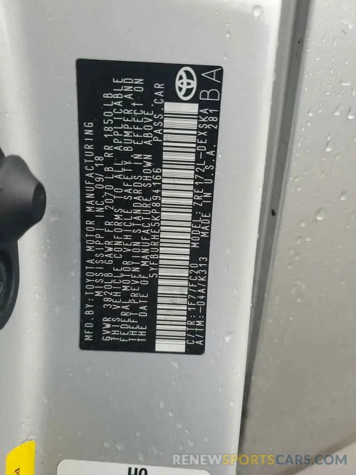 12 Фотография поврежденного автомобиля 5YFBURHE5KP894166 TOYOTA COROLLA 2019