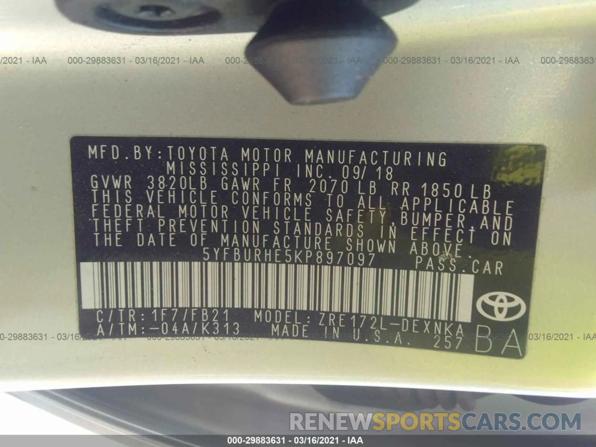 9 Photograph of a damaged car 5YFBURHE5KP897097 TOYOTA COROLLA 2019