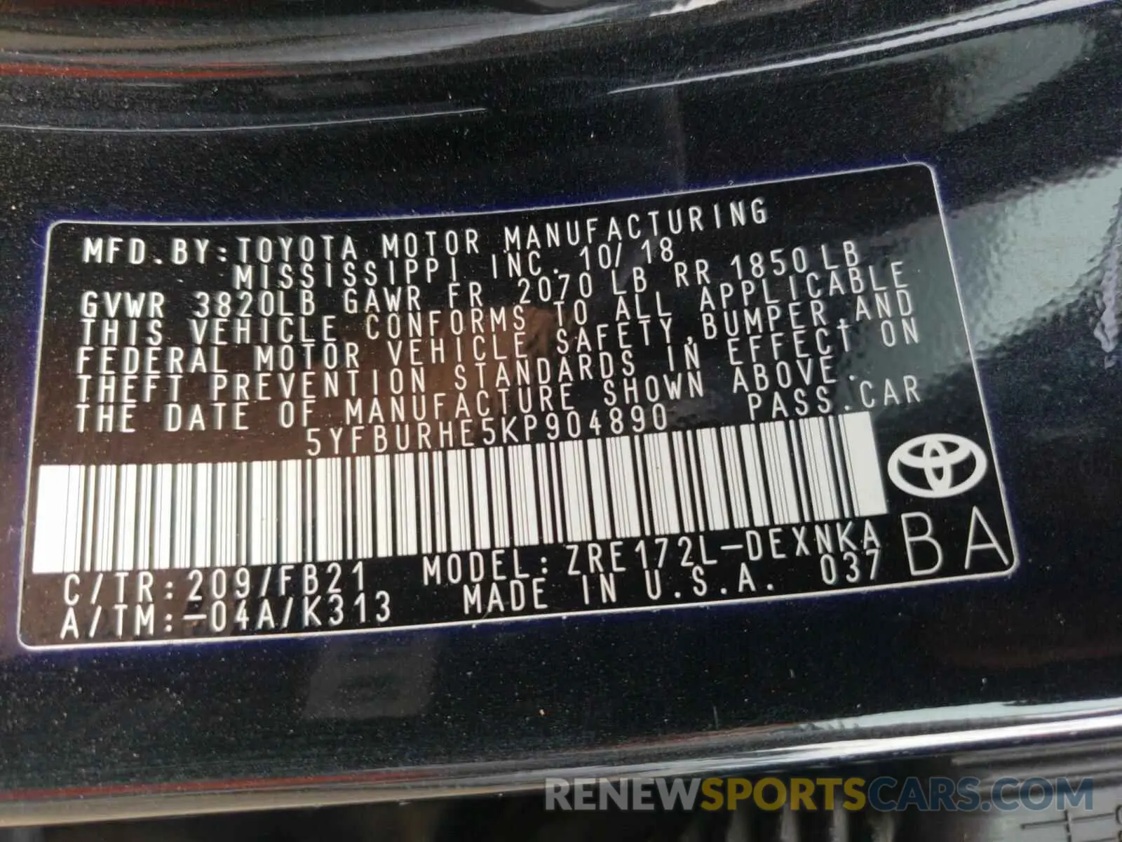 10 Photograph of a damaged car 5YFBURHE5KP904890 TOYOTA COROLLA 2019